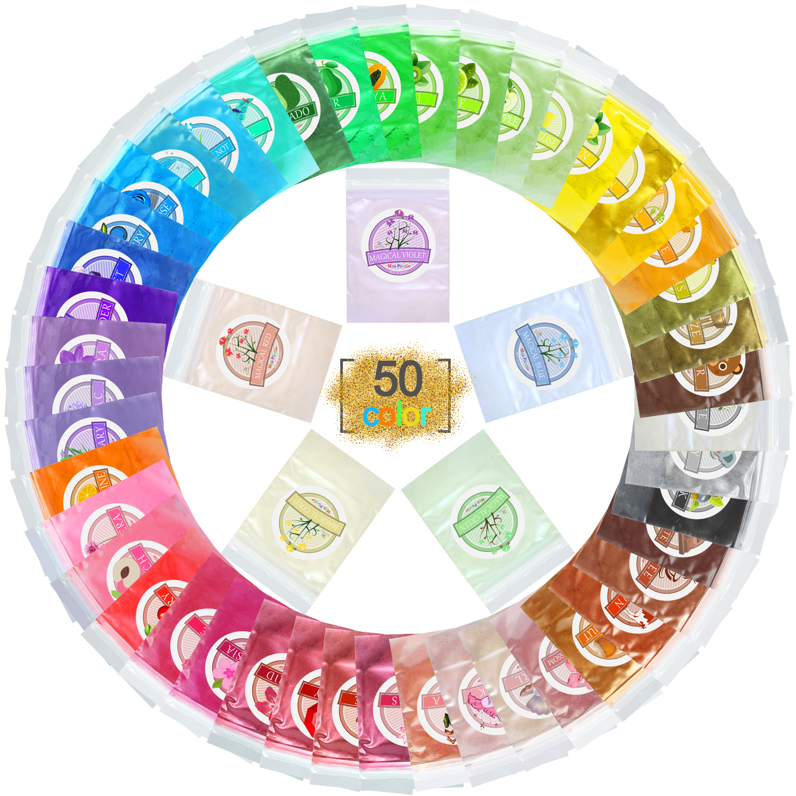 Mica Powder - 50 Colours Epoxy Resin Color Pigment, 5g Each