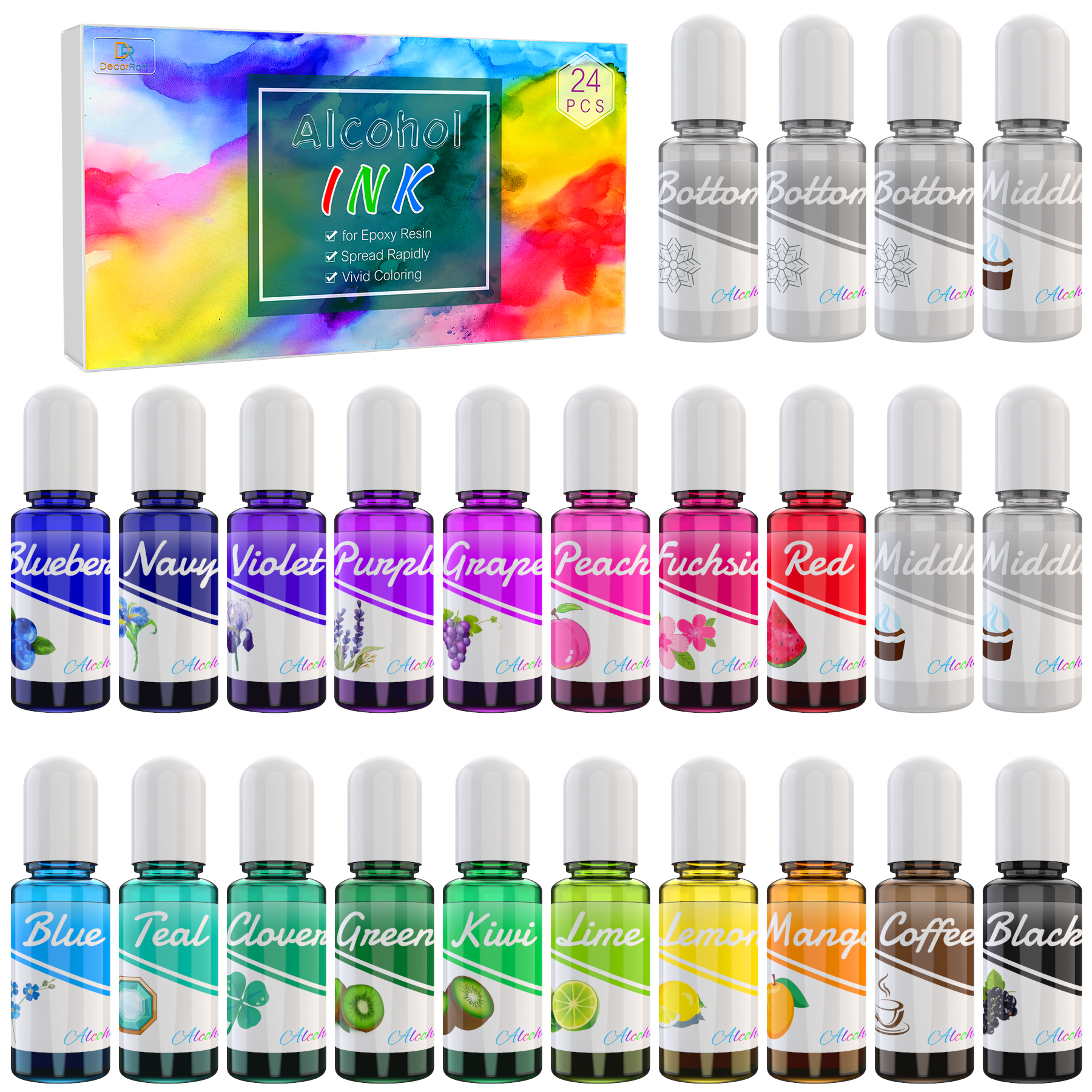 Alcohol Ink Set - 18 Vibrant Colors & 6 White Color Alcohol Paint Color Dye  for Resin Art-DecorRom Online
